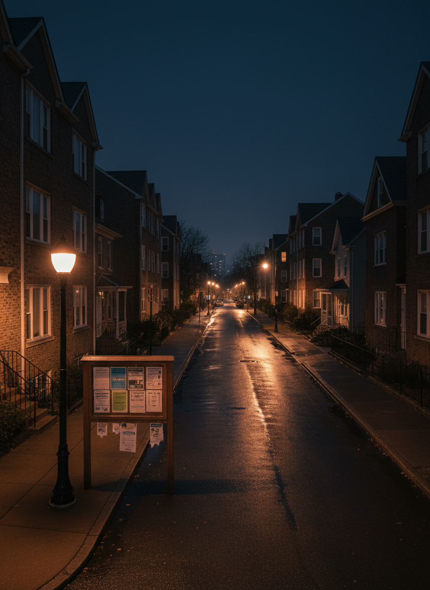 A nighttime city residential street viewed from a slightly elevated photographic perspective, entirely empty of people, with a row of modest apartment buildings and small houses. Several warm-lit windows glow gently, while a single, well-maintained streetlamp illuminates a clearly marked community notice board on the sidewalk. On the board, legible printed flyers about housing assistance, legal consultation, and emergency contacts are carefully pinned. The pavement is slightly wet, subtly reflecting the amber lights and adding texture. The sky is a deep navy with no stars visible. The overall mood is quiet yet hopeful, suggesting that support is present even in difficult times, captured in realistic, clean urban style with balanced exposure and soft contrast.