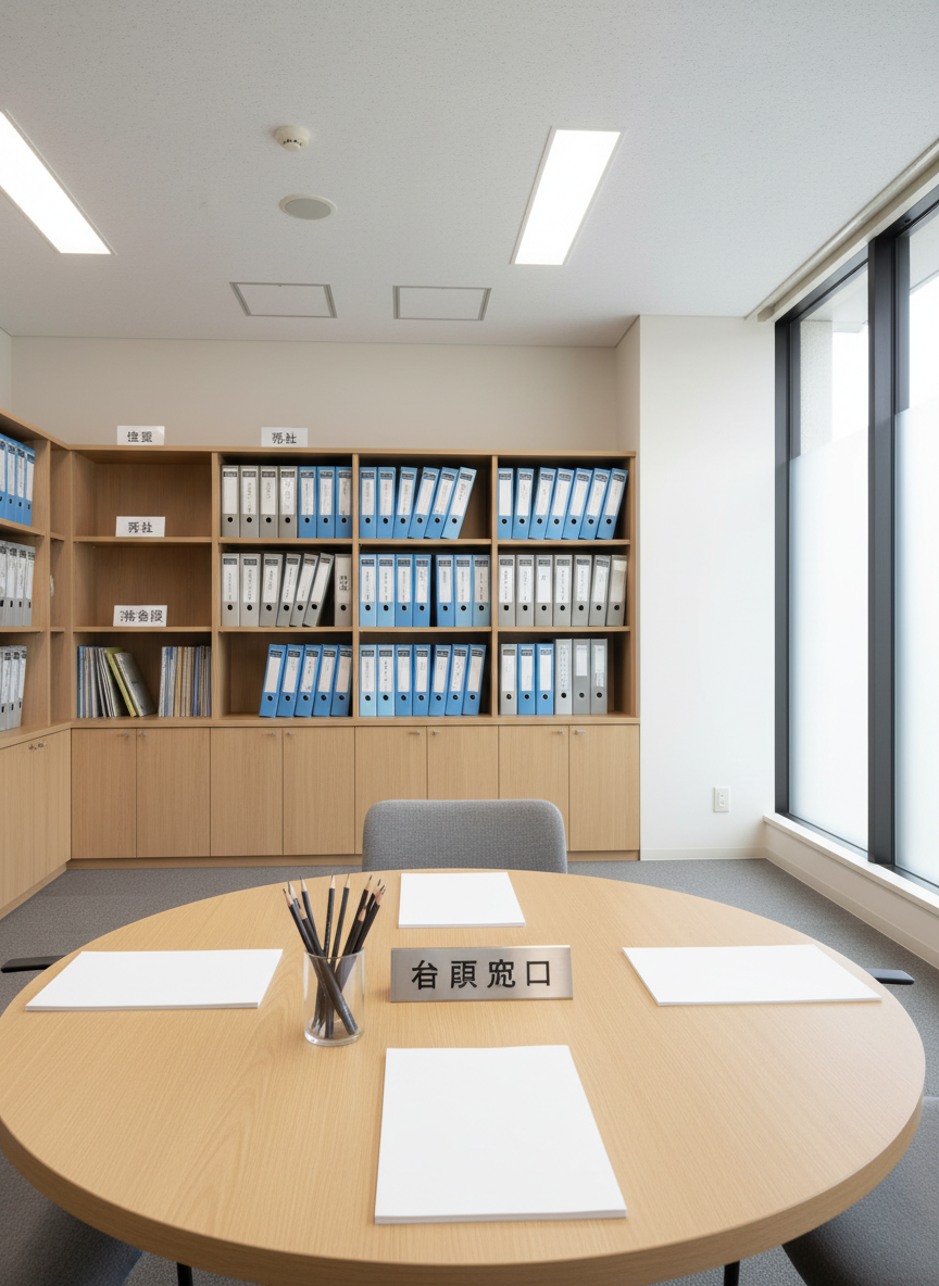 An inviting municipal consultation room interior, photographed with no people, featuring a round, pale oak table at the center with neatly aligned blank notepads, a glass of sharpened pencils, and a simple silver desk nameplate bearing the word “相談窓口” in clear black lettering. In the background, tall shelves hold ring binders labeled for housing, welfare, and legal aid, all color-coordinated in calm blues and grays. Soft overhead lighting and filtered daylight through frosted windows create an even, shadow-free illumination. Captured in photographic realism at a slightly elevated angle, the atmosphere is calm, trustworthy, and professional, ideal for conveying resident support services.