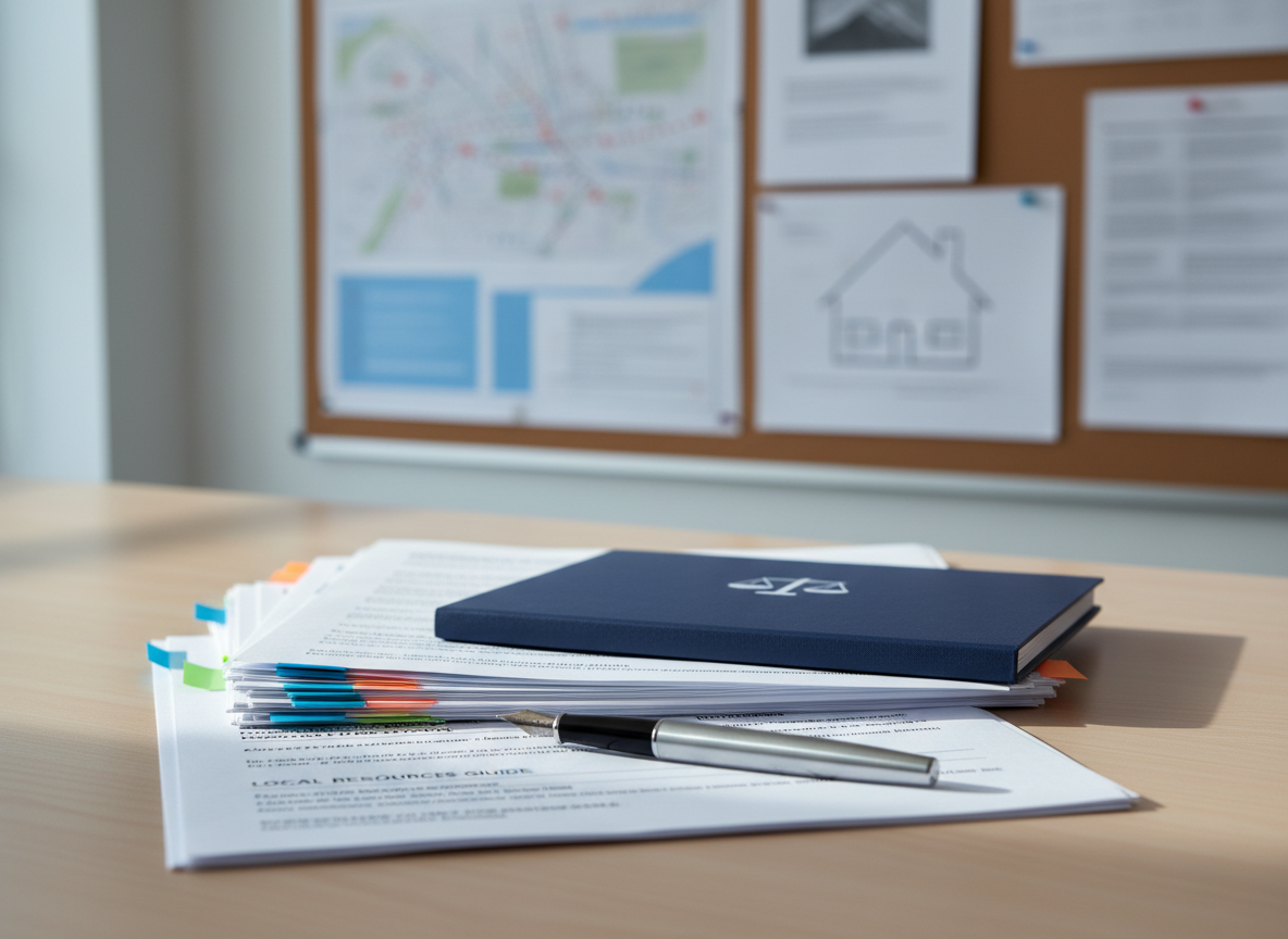 A carefully arranged stack of neighborhood support documents displayed on a light wood community center desk, including neatly printed forms, a slim navy-blue folder embossed with a subtle scales-of-justice emblem, and color-coded sticky tabs peeking from the edges. Behind them, a large, softly out-of-focus bulletin board shows printed maps and housing diagrams. Cool, diffused daylight enters from an unseen window, creating gentle reflections on a silver metal pen and casting soft shadows along the grain of the wood. Shot at eye level with a shallow depth of field in clean photographic realism, the mood is professional, reassuring, and orderly, suggesting organized social support without any people present.