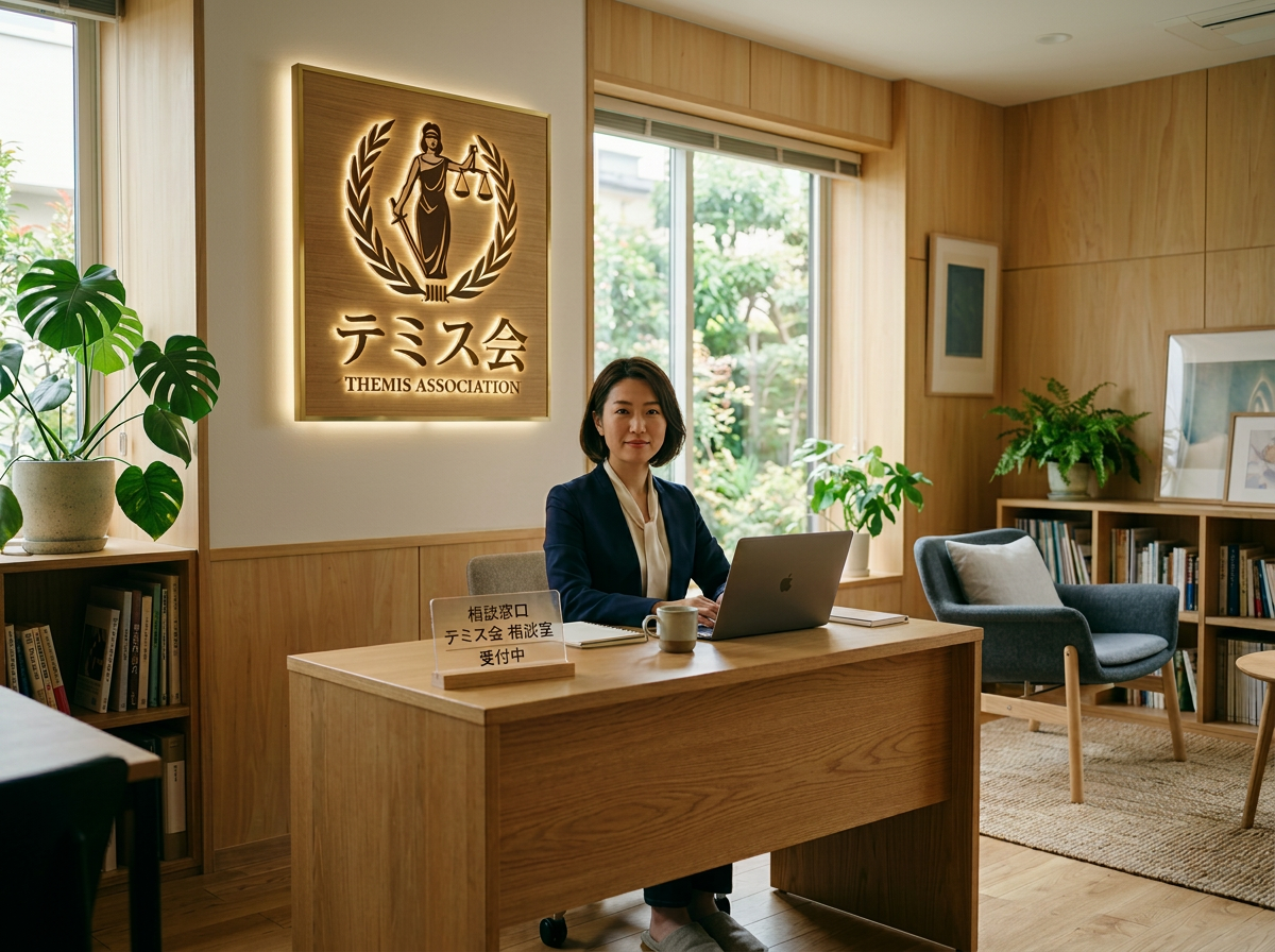 Woman sitting at wooden desk with laptop in Themis Association consultation office